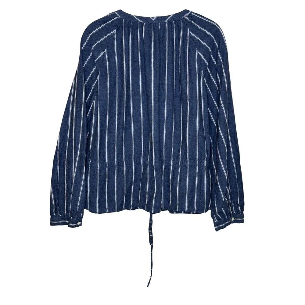 J.Crew Shirt Womens 8 Blue Stripe Drawstring Peplum Button Front Long Sleeve Top